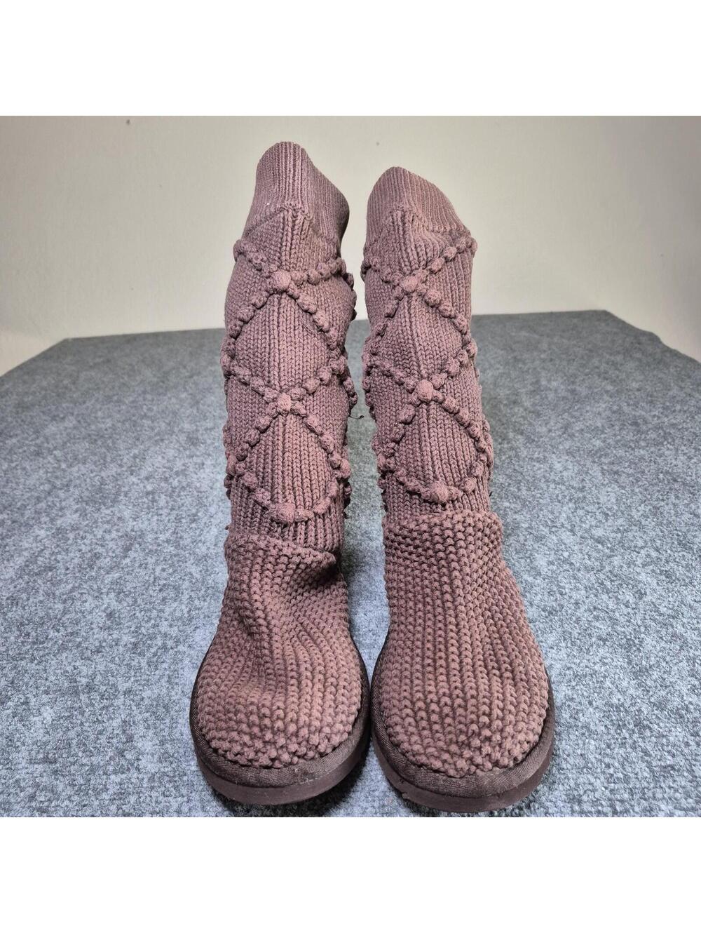 UGG Cardy Tall Knit Crochet Comfort Boots Brown Sheepskin Footbed Womens 8
